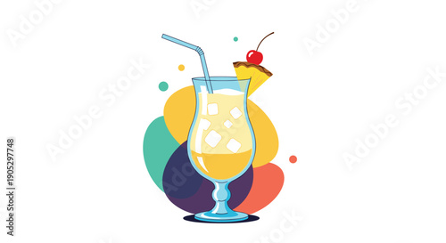 A refreshing tropical cocktail in a hurricane glass with ice cubes, a straw, and garnished with a pineapple slice and a cherry on a colorful background.