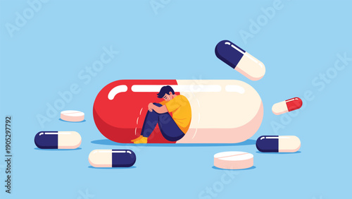 Pharmaceutical dependency and mental health concept with a man curled up inside a giant red and white medical capsule.
