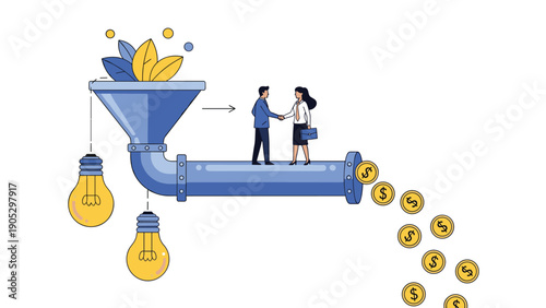 Business concept shows an industrial funnel converting light bulb ideas into money through a handshake between two professionals.