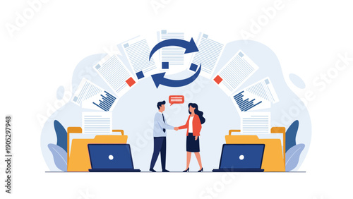 Digital contract and file transfer concept shows two people shaking hands as documents fly between laptops in an arched path.