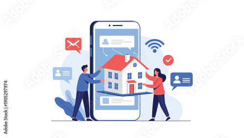 Real estate agents hold a model house in front of a giant smartphone to represent mobile property searching and digital home buying.