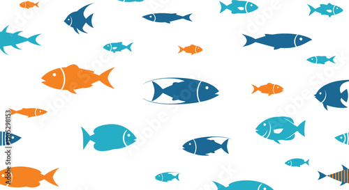 A simple and playful seamless pattern of stylized fish silhouettes in various shapes and sizes, swimming in blue and orange on a white background.