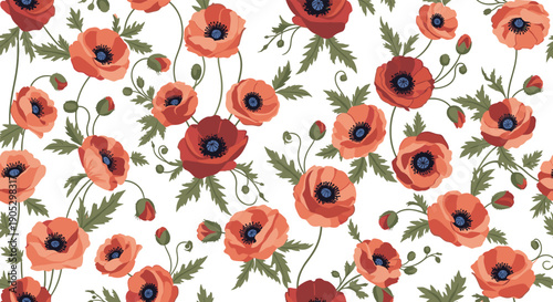 An elegant and beautiful seamless floral pattern of red and coral poppy flowers with green leaves and stems on a clean white background for a vintage feel.