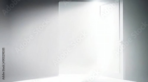 Door in a dark room opens and fills the space with bright white light in 4K resolution. Light rays coming trough. 3D render animation of opening door
