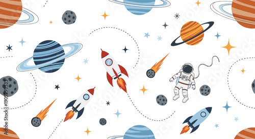 A fun and adorable seamless space pattern for kids, featuring cartoon astronauts, rockets, planets, and stars on a clean white background.