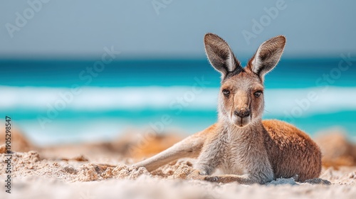 Resting kangaroo on a sandy beach with the ocean in the background