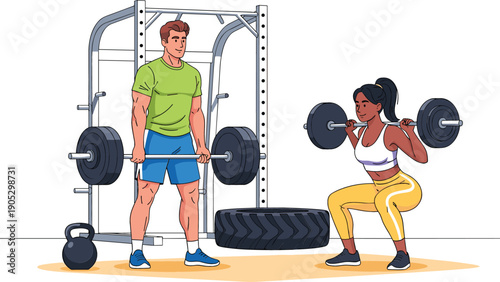 Man and woman weightlifting in gym with barbell deadlift and squat for functional cross-training and fitness branding