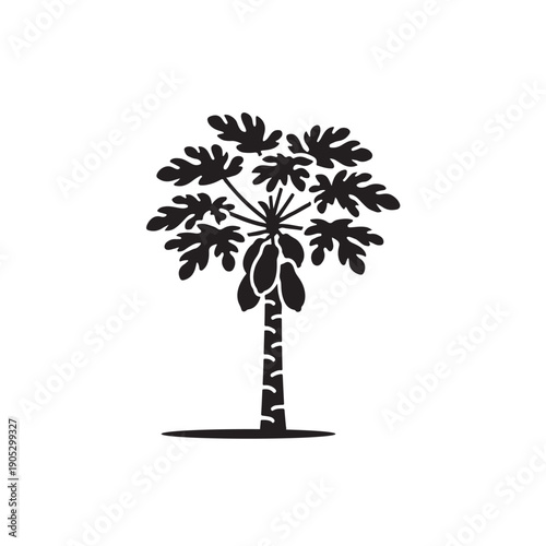 Black silhouette of a Carica papaya plant with leaves and hanging fruit.