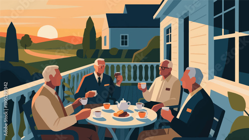 Illustration Of Veteran Enjoying Afternoon Tea On The Terrace Of The House, View Of A Quiet Environment, Light Of The Evening Sun Vector Design Template