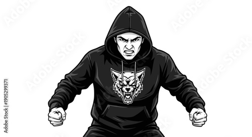 Angry Man Wearing Hoodie with Wolf Emblem.