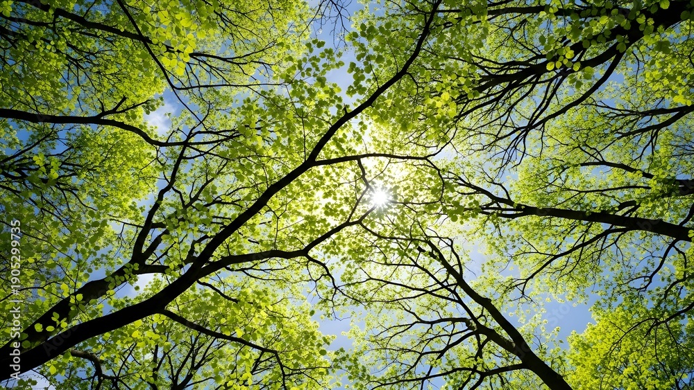 Fototapeta premium Upward view through a canopy of fresh spring leaves, slender tree branches reaching toward a radiant patch of sky, sunlight filtering in luminous green, creating a peaceful forest ceiling of light, te