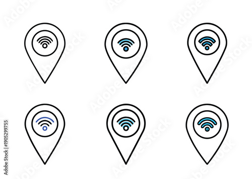 Collection of location pin icons representing wifi connectivity in various forms