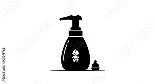 A black pump bottle with a white logo and a small cap beside it on a plain white surface from a front viewpoint.