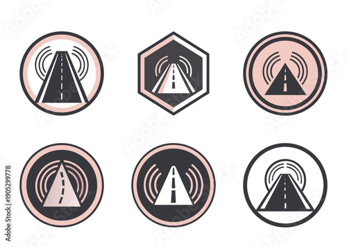 Set of six autonomous vehicle road sensing system icons with varying shapes