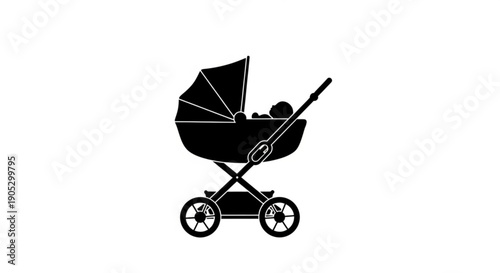 Illustration of a baby lying in a pram with canopy, viewed from the side