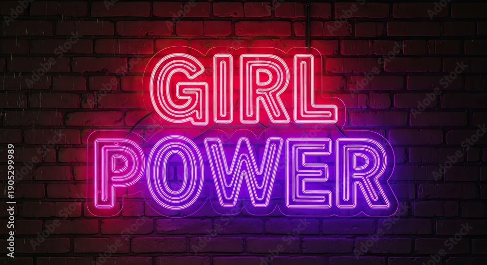 Obraz premium Neon sign on brick wall with girl power message international women's day background download 2026 2027