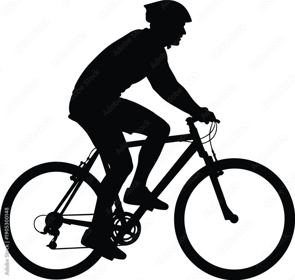 Fototapeta premium Silhouette cyclist riding bicycle in profile view with helmet
