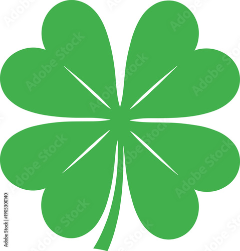 Green four leaf clover vector icon symbolizing good luck, fortune, positivity, St Patrick’s Day celebration, cultural festive decorative illustration