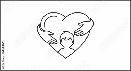 A minimalist line drawing of a heart with a person's head surrounded by embracing hands, symbolizing love and protection, in a simple illustration style.