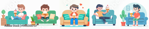 Cute Cartoon Style Boy Enjoying Ice Cream While Relaxing on Sofa Illustration
