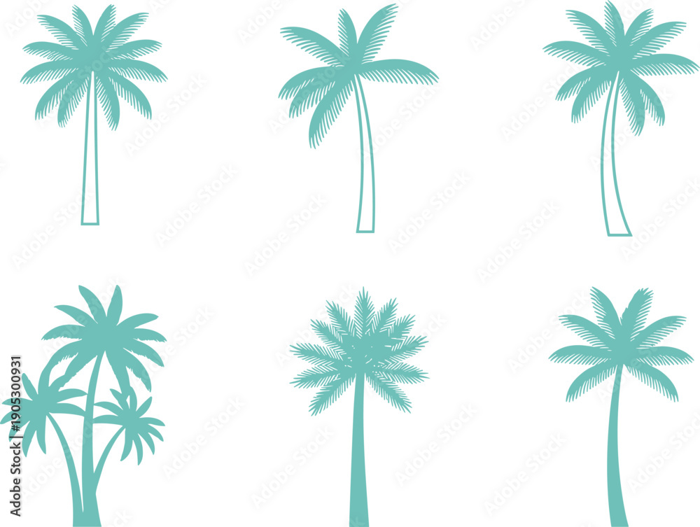 Obraz premium Stylized palm tree vector illustration collection, tropical nature silhouettes, exotic summer design elements, decorative island landscape art for creative projects
