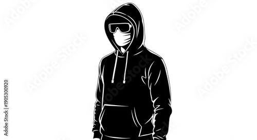 Anonymous figure in black hoodie and sunglasses with face mask.