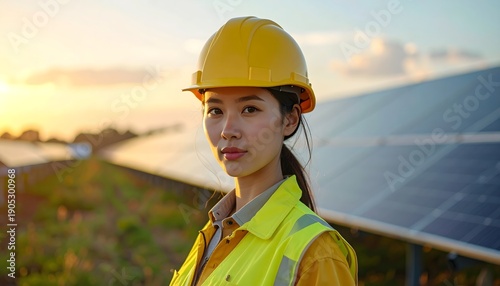 Ingeniera con casco y chaleco reflectante en planta solar al atardecer, energía fotovoltaica y liderazgo femenino