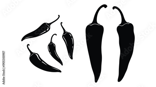 Assorted chili peppers illustrated in a black and white silhouette style Vector