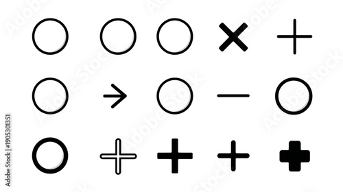 Collection of basic geometric symbols, abstract icons, and mathematical signs for UI, diagrams, and design elements