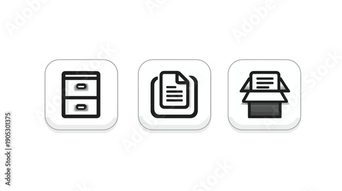 Set of File Management and Archiving Icons: Filing Cabinet, Document, and Archive Box. Business Organization and Data Storage.