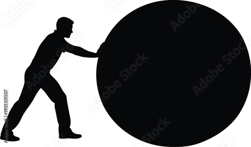 Man pushing large black circle, effort and struggle, silhouette, isolated, vector illustration, simple, white background, 4db715d8fed7fd591534