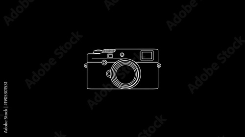 Stylish Retro Film Camera Line Art Illustration on a Dark Black Background, Minimalist Photography Icon Design Element