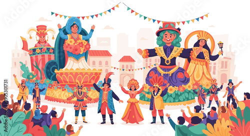 Isometric illustration of a vibrant carnival parade with colorful floats, costumes, and flowers, featuring people celebrating in a lively and joyful atmosphere.
