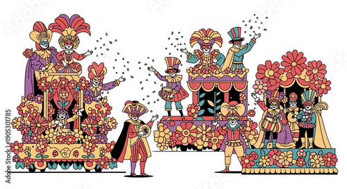 Isometric illustration of a vibrant carnival parade with colorful floats, people in costumes, and decorative flowers on a white background.