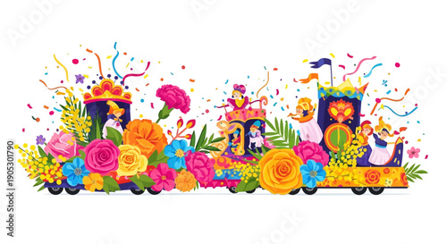 Isometric illustration of a colorful carnival train with floats, costumes, and flowers on a white background, conveying a happy and celebratory mood.