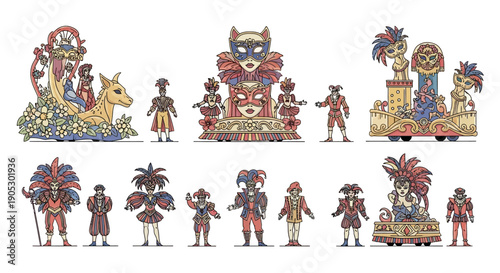 Vector illustration of a vibrant carnival parade with colorful floats, costumes, and flowers in an isometric design style on a white background.