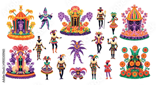 Isometric illustration of a vibrant Nice Carnival parade with colorful floats, costumes, and flowers on a white background.