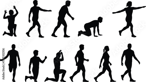 Human movement silhouettes, men and women walking, running, jumping, crawling poses, black action figures isolated on white background