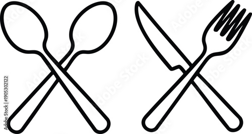 Line Art Cutlery Icons Featuring Crossed Spoons, Knife, and Fork, vector, illustration, silhouette.
