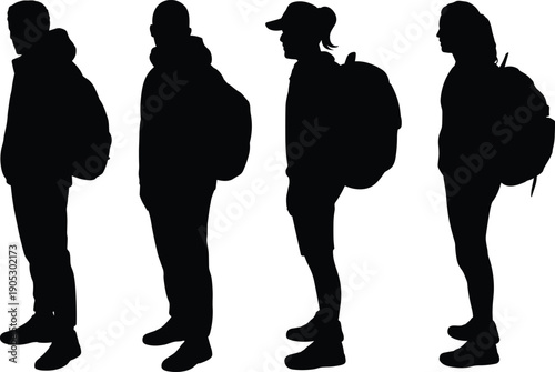Backpacker silhouettes, men women standing with backpacks, travel hiking people figures isolated on white background illustration