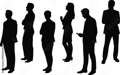 Business people silhouettes standing in line poses, men women waiting corporate figures isolated on white background illustration