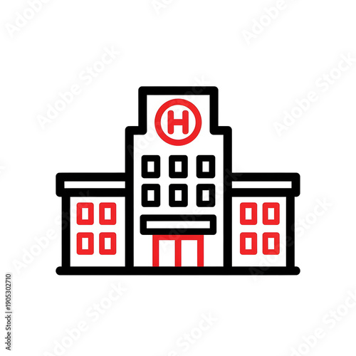 Hospital building icon with red cross symbol