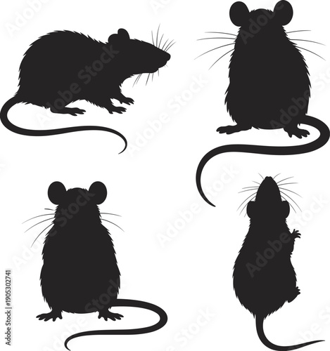 Rat silhouettes set, mouse rodent animal figures, black pest wildlife illustrations isolated on white background collection