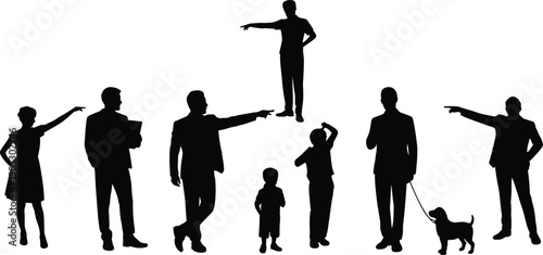 People pointing silhouettes concept, men women indicating direction leadership choice hierarchy figures isolated on white background illustration
