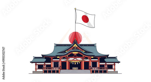 Illustration of Kashihara Shrine with a Japanese flag on National Foundation Day, a patriotic theme design with red and white colors.