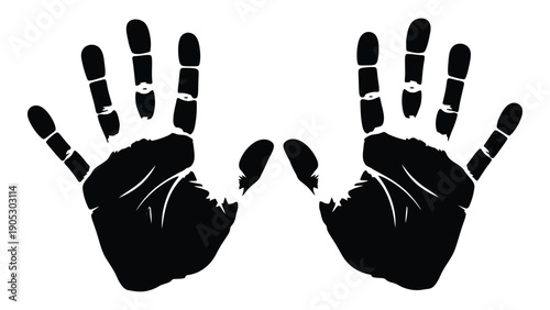 Two black handprints side by side with distinct fingerprints visible. Vector