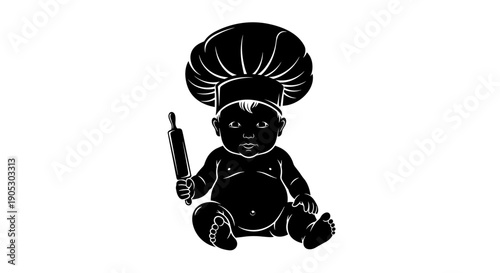 Baby Chef Holding Rolling Pin Silhouette.