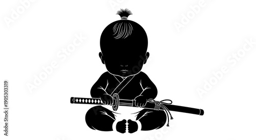 Baby Samurai Warrior Silhouette with Katana Sword.