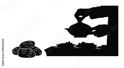 Hand pouring coins into a growing pile with plants, investment and savings concept, black and white illustration style