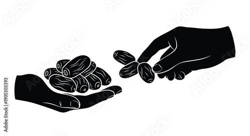 Hands exchanging coffee beans in a minimalist black and white illustration with copy space